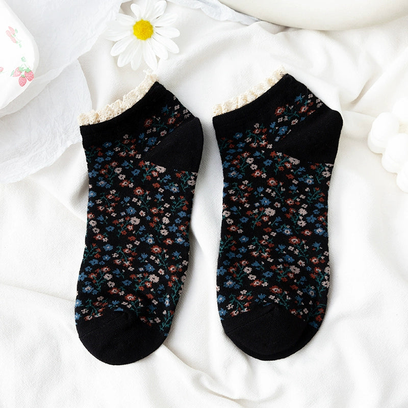 [2 Pairs] Pure Cotton Floral Lace Ethnic Style Versatile Short Spring and Summer Thin