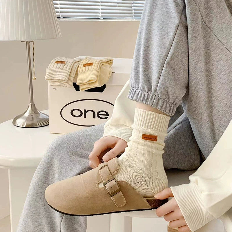 [5 Pairs] Spring and Summer Niche Leather Tag Mid-Calf Length College Style South Korea Trendy Wear