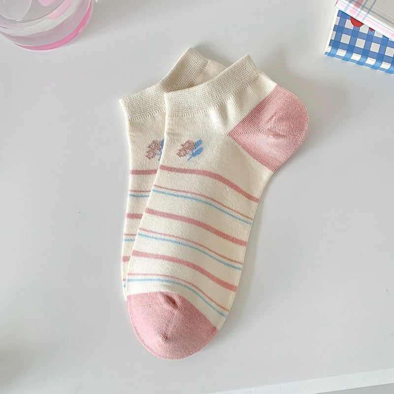 [5 Pairs] Summer Pink Plant Flower Boat Socks with White Shoes Students' Favorite