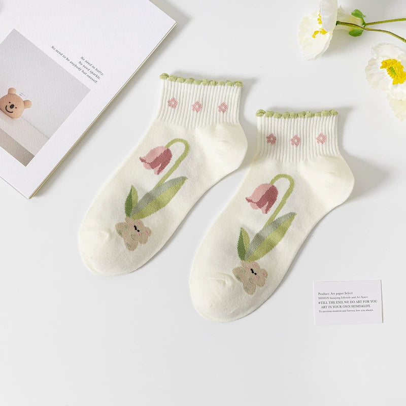 [5 Pairs] Summer Cool Little Green Boat Socks Tulip Gradually Love