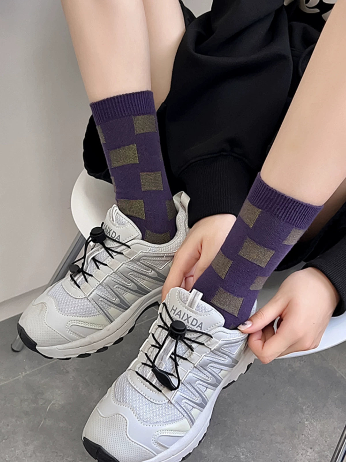 [3 Pairs] Purple Striped Personality Youth Double Needle Retro Mid-Calf Length Pure Cotton All-Match