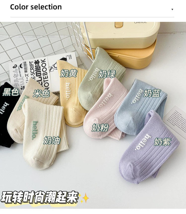 [5 Pairs] Spring and Summer Thick Thread Hot Stamping Macaron Fresh South Korea Cream Color Female Middle Tube Socks