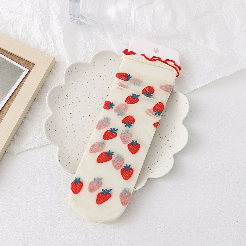 [3 Pairs] Lolita Style Summer Ultra-Thin Silk Fruit Dark Flower White Wear Lace Design