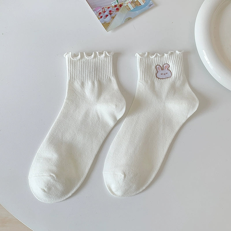 [4 Pairs] Spring and Summer Pure Cotton Embroidered Wooden Ear Women's Socks Cocoa Love White White Tender Very Versatile