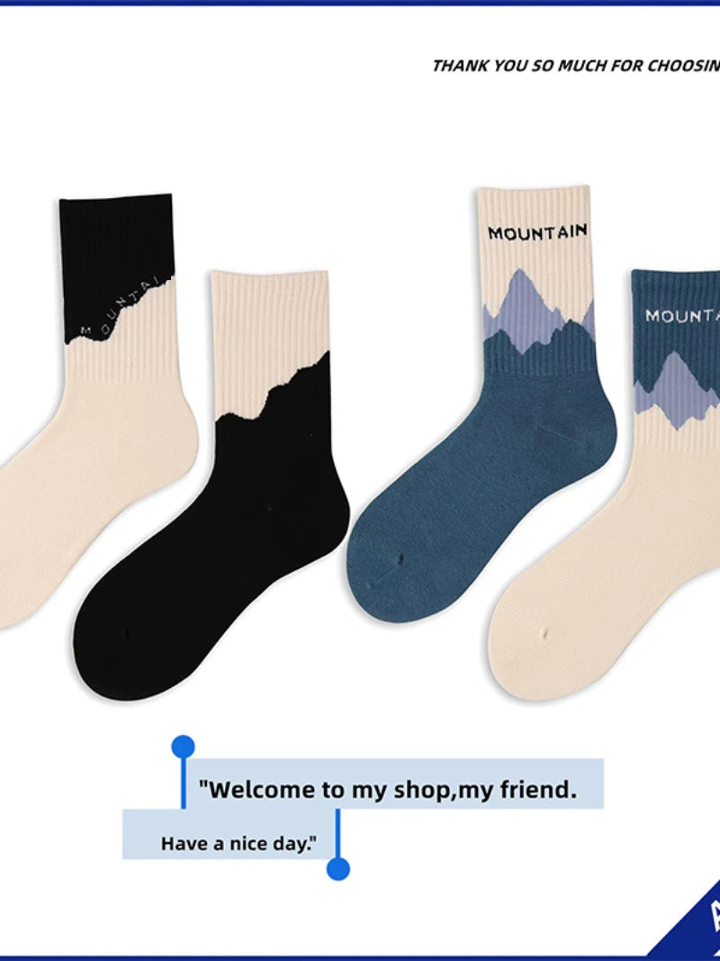 [4 Pairs] Spring Summer Pure Cotton Boneless Sewing Head Men's and Women's Sports Lovers' Socks Snow Mountain Wind Left and Right Feet AB Socks
