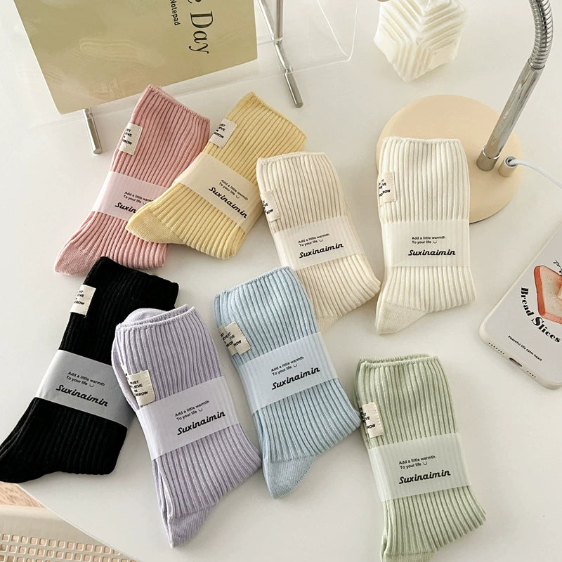 [3 Pairs] Socks Women's Spring and Summer Cotton Double Needle Bunching Socks Japanese Heel Cloth Label Macaron Tube Socks