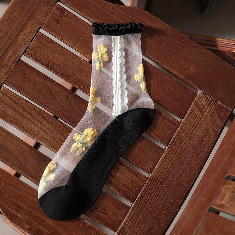 [5 Pairs] Spring and Summer Season Card Silk Breathable Wooden Ear Little Flowers Thin Breathable