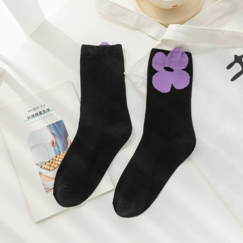 [2 Pairs] Flower Socks for Women Spring Summer Pure Cotton Trendy Flowers Blossoming