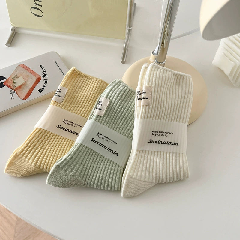 [3 Pairs] Socks Women's Spring and Summer Cotton Double Needle Bunching Socks Japanese Heel Cloth Label Macaron Tube Socks