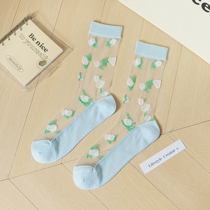 [4 Pairs] Summer Thin Kanekalon Tube Socks Flowers Bloom with Vitality