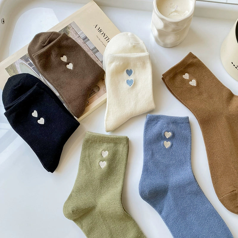 [6 Pairs] Embroidered Double Love Heart Simplicity Wear Spring Summer College Style Cute Goddess Socks