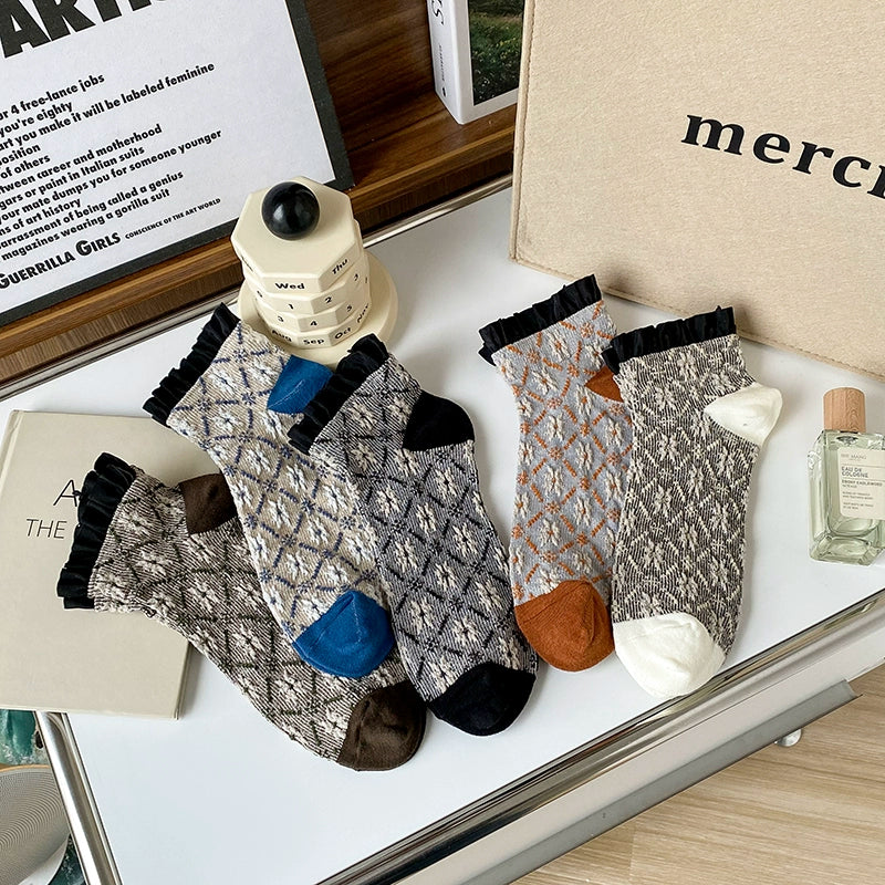 [5 Colors] Dashang Dashed Rhombus Lace Women's Short Spring and Summer Fashion Socks