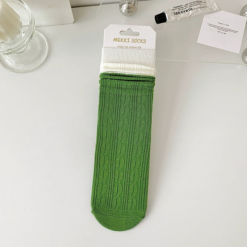 [5 Pairs] Thin Grass Green Series Stripe College Style Flat Sock