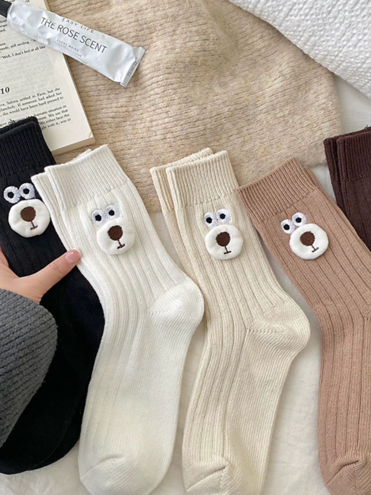 [5 Pairs] 3D Cartoon Bear Head Simple and Easy to Match College Style Kawaii