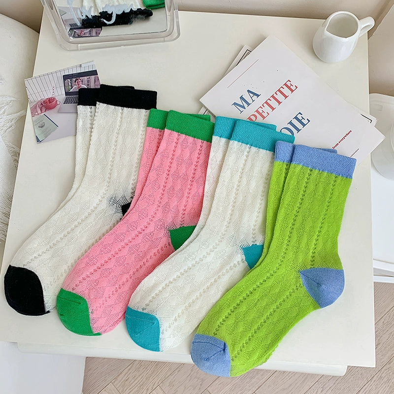 [3 Pairs] Dopamine Summer Thin Hollow Diamond Contrast Color Female Mid-Calf Length and Breathable Mesh Comfortable Pure Cotton