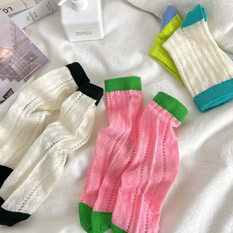 [3 Pairs] Dopamine Summer Thin Hollow Diamond Contrast Color Female Mid-Calf Length and Breathable Mesh Comfortable Pure Cotton