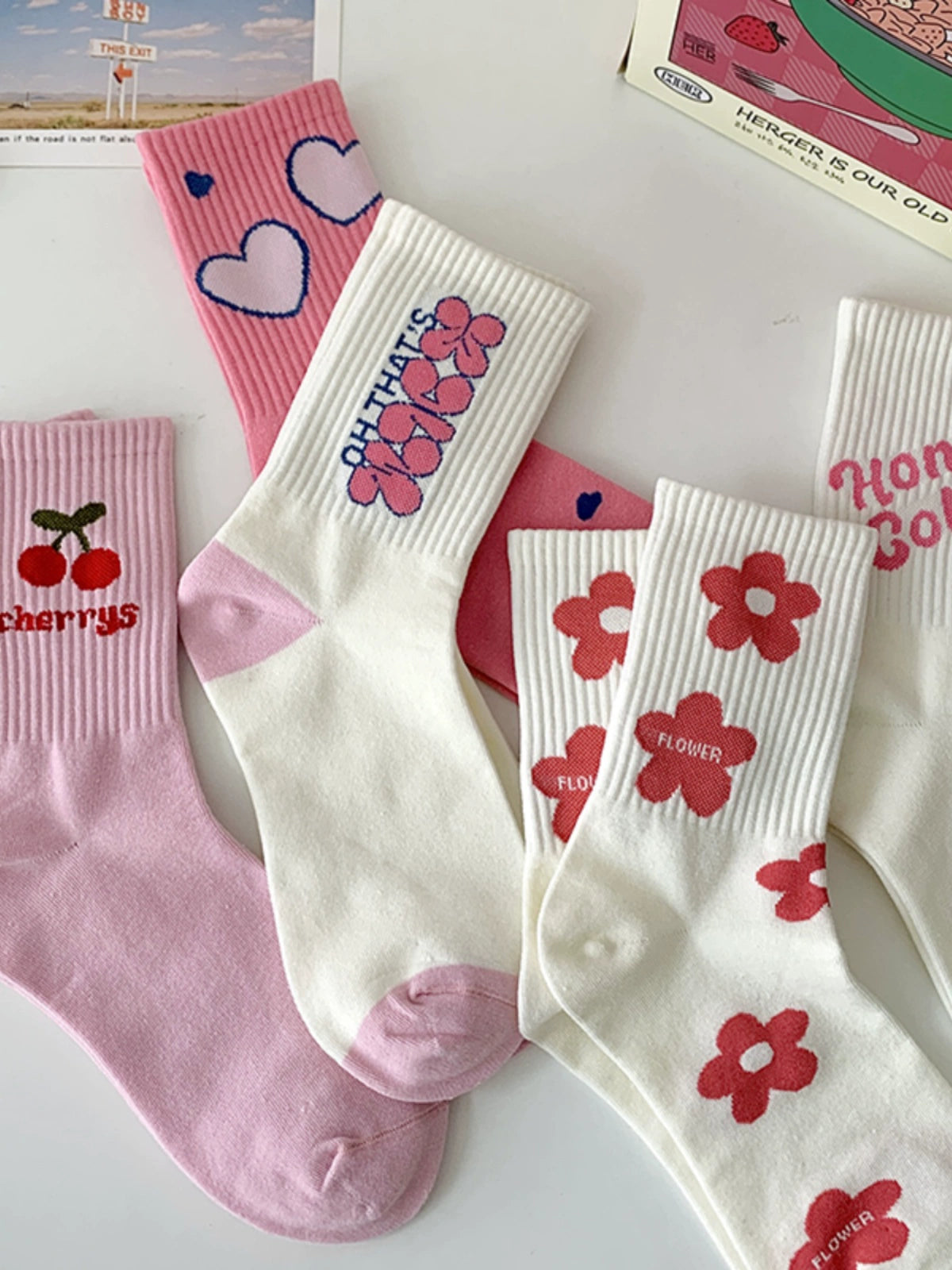 [5 Pairs] Fashion Sports Style Cherry Flower Spring Summer Mid-Calf Length Socks