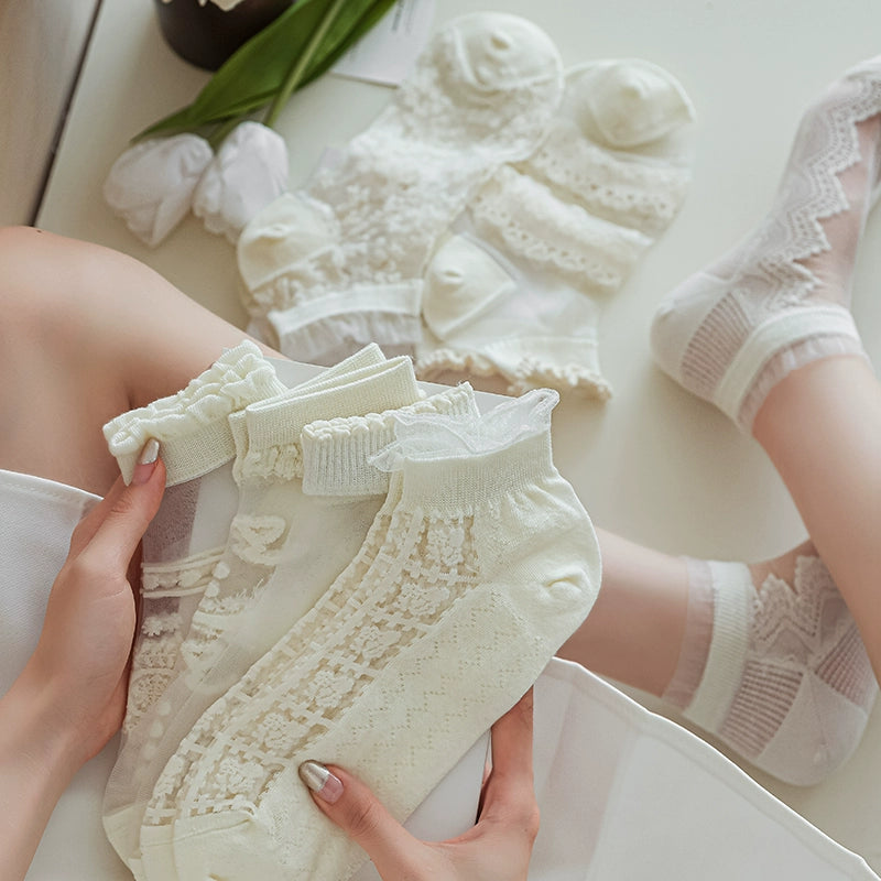 [5 Pairs] Kanekalon Transparent Summer Thin Solid Color White Gentle Wear