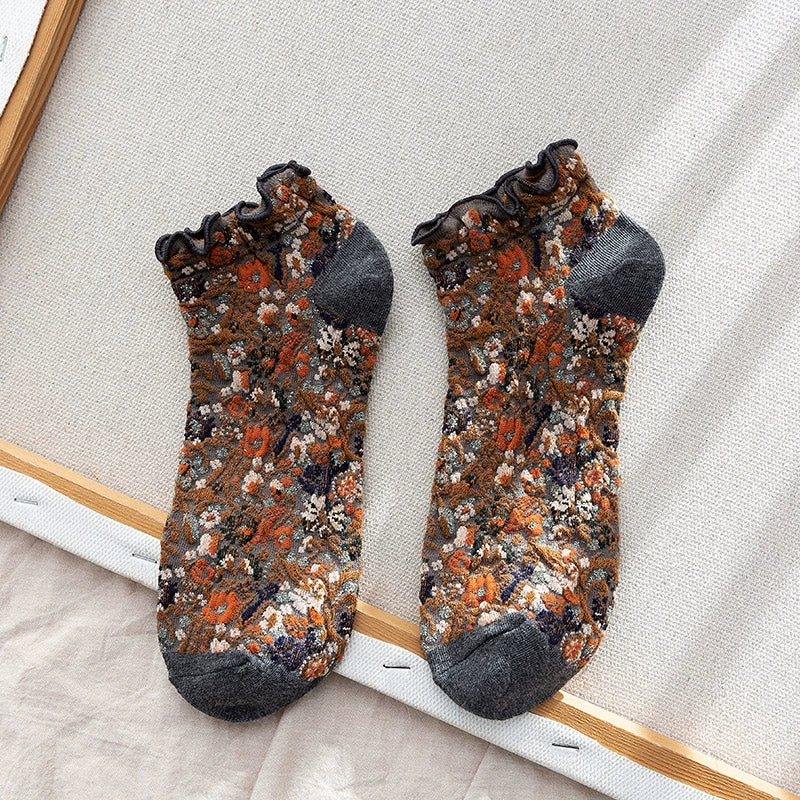 [5 Pairs] Short Lace Totem Ethnic Style Mori Style Spring and Summer Women's Pure All-Match Leather Shoes with Skirt