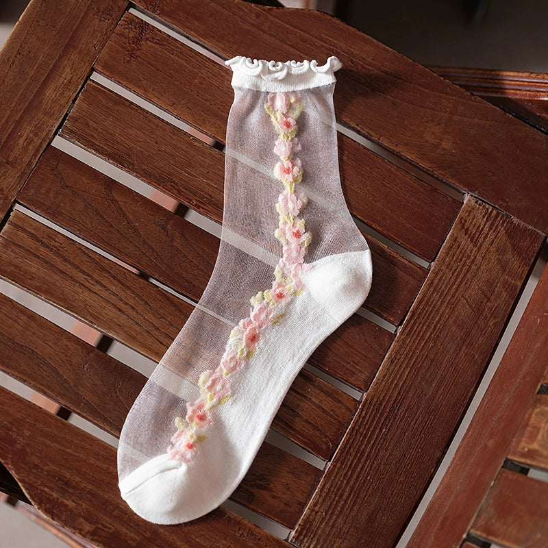 [5 Pairs] Spring and Summer Season Card Silk Breathable Wooden Ear Little Flowers Thin Breathable