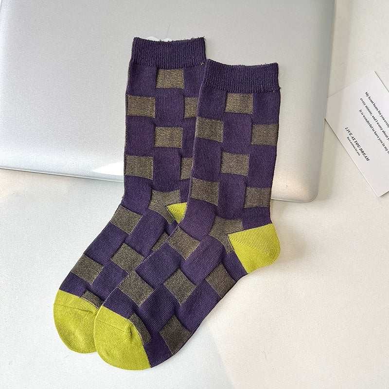 [3 Pairs] Purple Striped Personality Youth Double Needle Retro Mid-Calf Length Pure Cotton All-Match