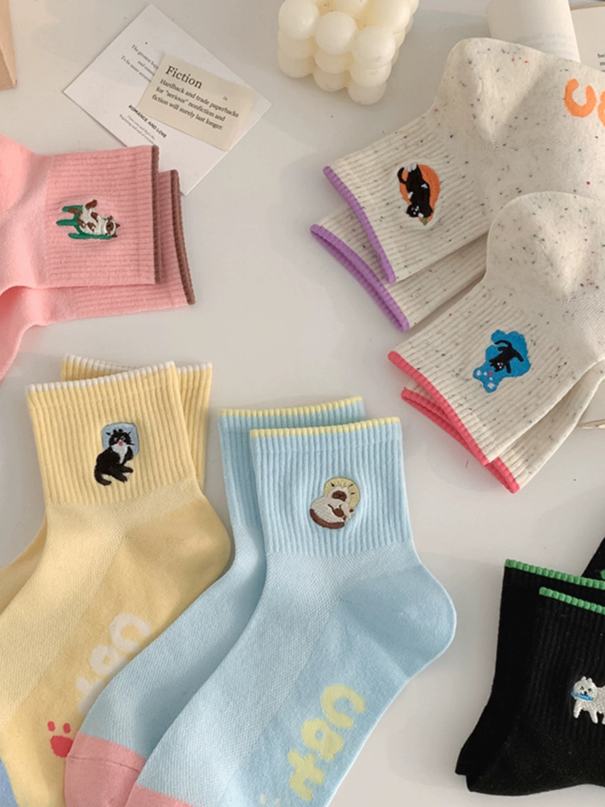 [6 Pairs] Summer Thin Cartoon Embroidery Korean Style Pure Cotton Cute Wear