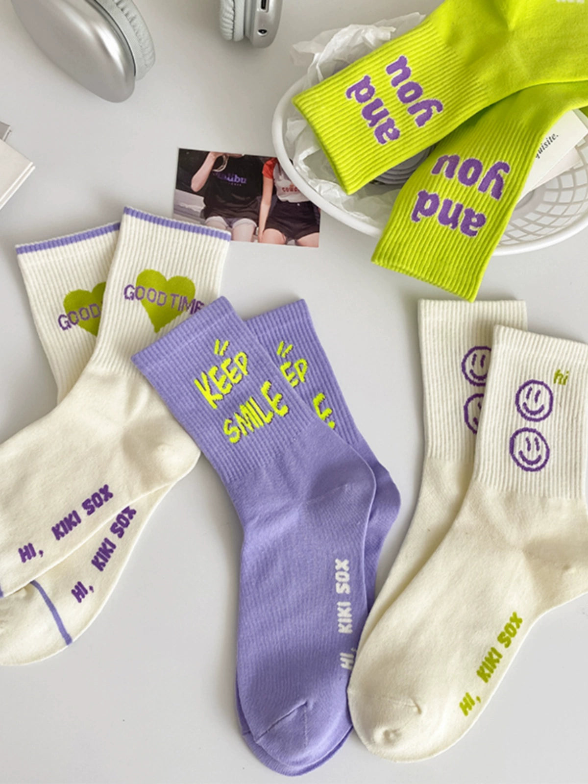 [4 Pairs] Spring and Summer Elastic Preppy Style Cute Sport Women's Mid-Calf Fashion Shoes with You