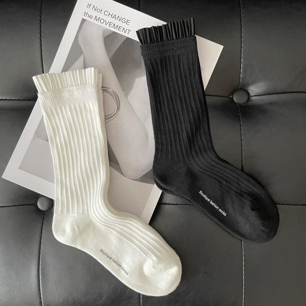 [2 Pairs] Women's Socks Three-Dimensional Pleated Lace Socks Combed Cotton Double Needle Blype Tube Socks
