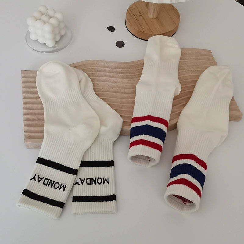 [2 Pairs] Japanese Style Mid-Calf High Length Women's Two Bars Trendy Cotton College Sports Style Cotton Material