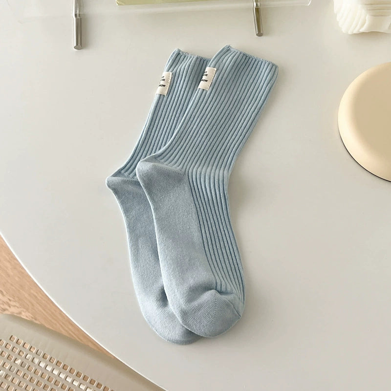 [3 Pairs] Socks Women's Spring and Summer Cotton Double Needle Bunching Socks Japanese Heel Cloth Label Macaron Tube Socks