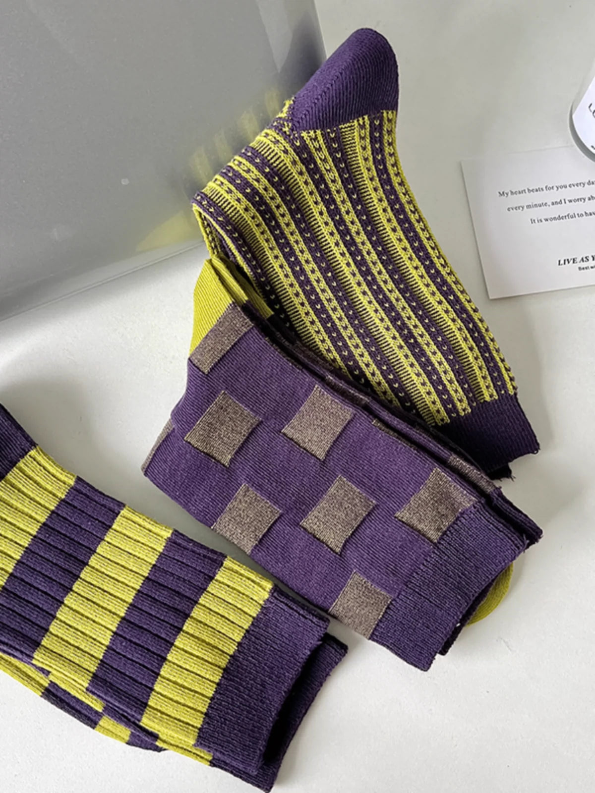 [3 Pairs] Purple Striped Personality Youth Double Needle Retro Mid-Calf Length Pure Cotton All-Match