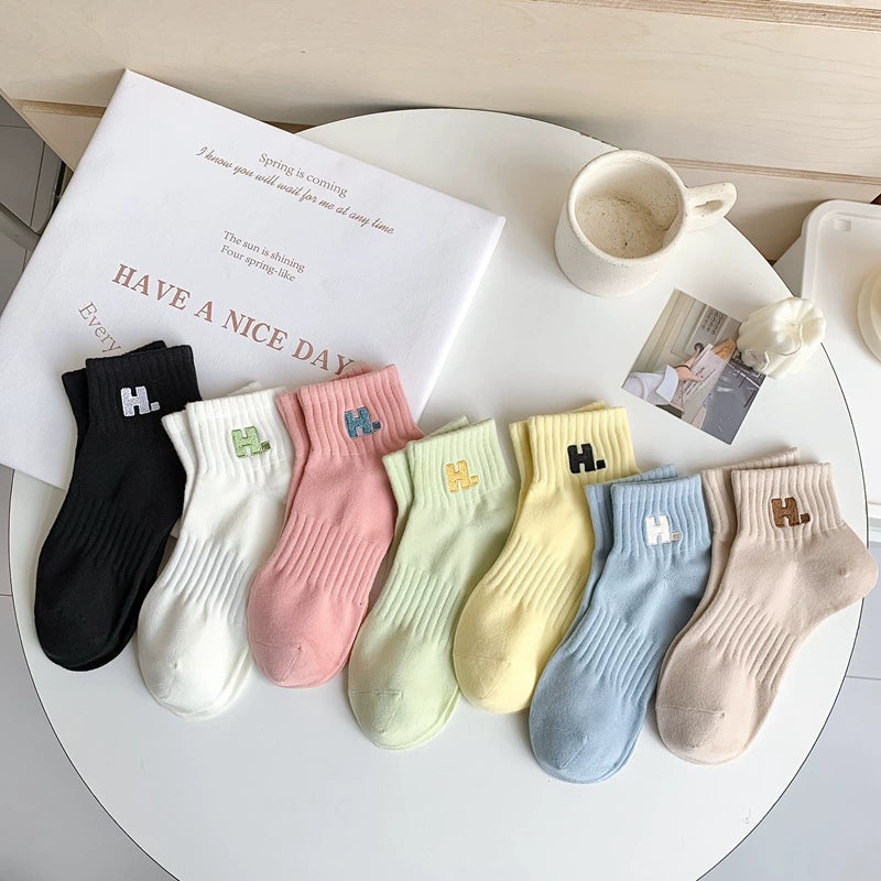[2 Pairs] Embroidery H. Sports Shallow Mouth Short and Mid-Calf Length Women's Socks All-Match Beautiful Candy Color