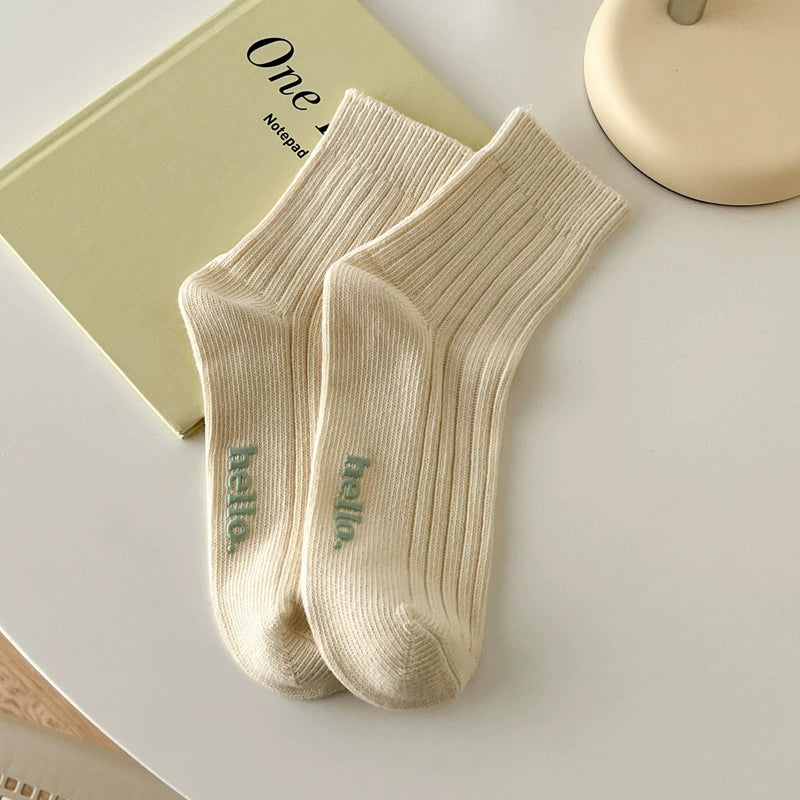 [5 Pairs] Spring and Summer Thick Thread Hot Stamping Macaron Fresh South Korea Cream Color Female Middle Tube Socks