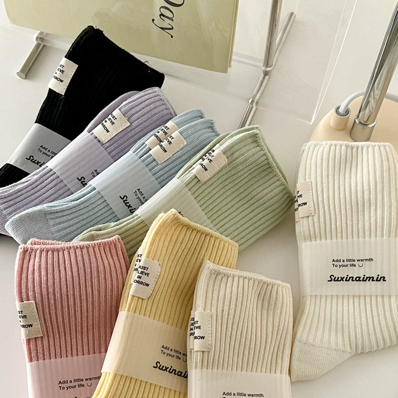 [3 Pairs] Socks Women's Spring and Summer Cotton Double Needle Bunching Socks Japanese Heel Cloth Label Macaron Tube Socks