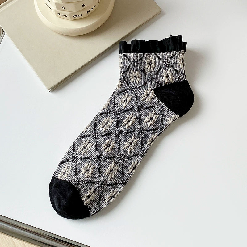 [5 Colors] Dashang Dashed Rhombus Lace Women's Short Spring and Summer Fashion Socks