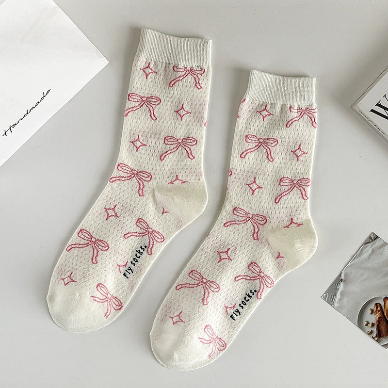 [4 Pairs] Black and White with Flower Bowknot Beautiful Thin Summer Pure Wear