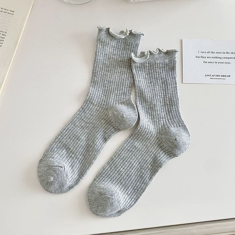 [5 Pairs] Thin Wooden Ear Macaron Color Series Pure Cotton Breathable Thin