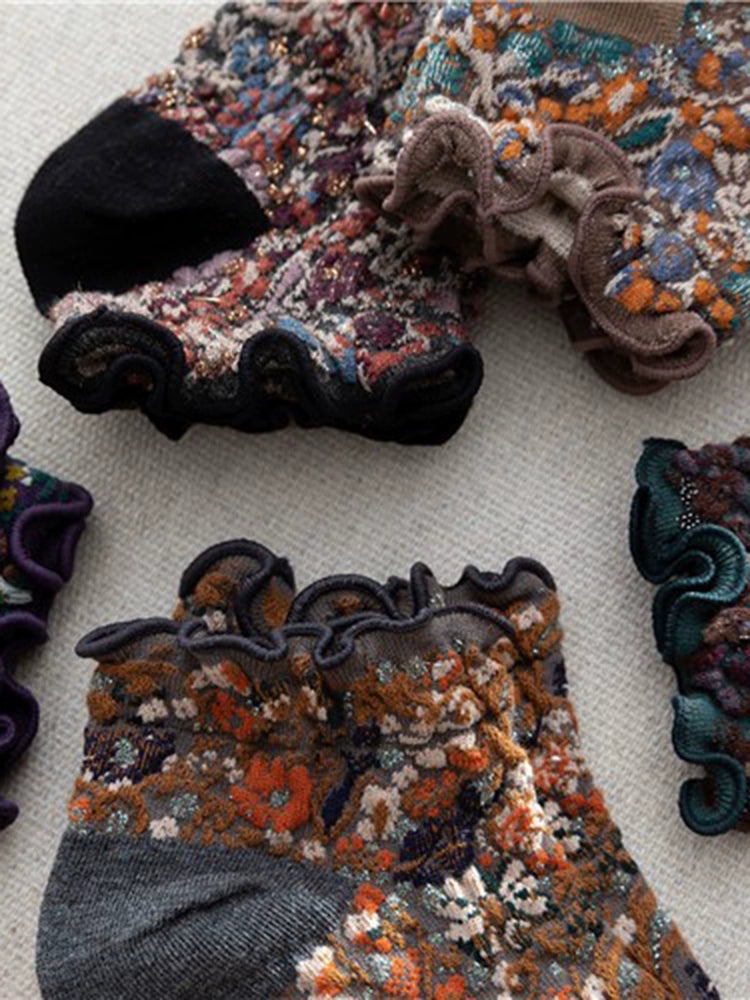 [5 Pairs] Short Lace Totem Ethnic Style Mori Style Spring and Summer Women's Pure All-Match Leather Shoes with Skirt