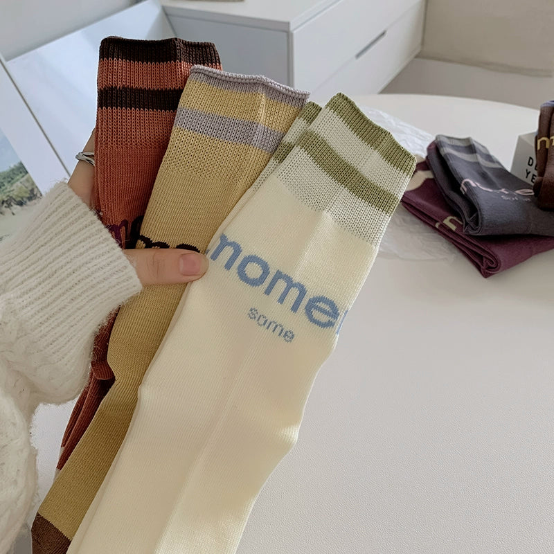 [6 Pairs] Spring and Summer Fashion Letters College Style Simple Pure Cotton Mid-Calf