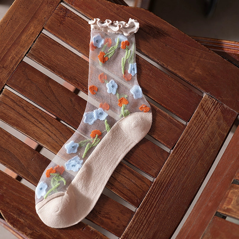 [5 Pairs] Spring and Summer Season Card Silk Breathable Wooden Ear Little Flowers Thin Breathable