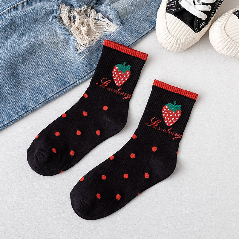 3 Pairs Spring and Summer Thin Mid-Calf Cute Black and White Strawberry Polka Dot South Korea Dongdaemun Same Product