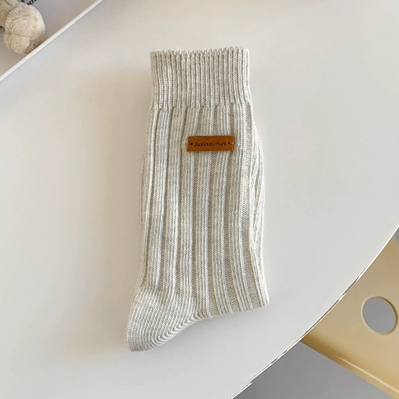 [5 Pairs] Spring and Summer Niche Leather Tag Mid-Calf Length College Style South Korea Trendy Wear