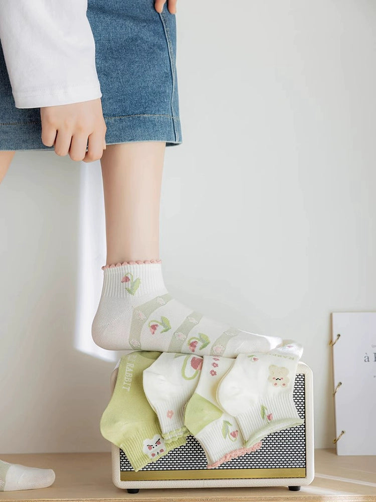 [5 Pairs] Summer Cool Little Green Boat Socks Tulip Gradually Love