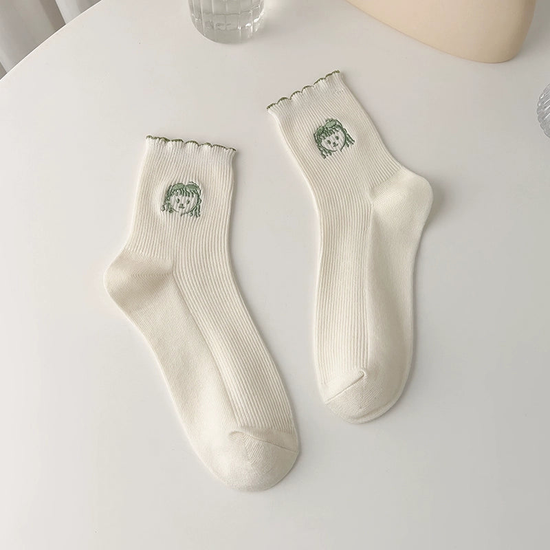 [2 Pairs] Matcha Green Flavor Spring Summer Pure Cotton Cute Girl Avatar Socks