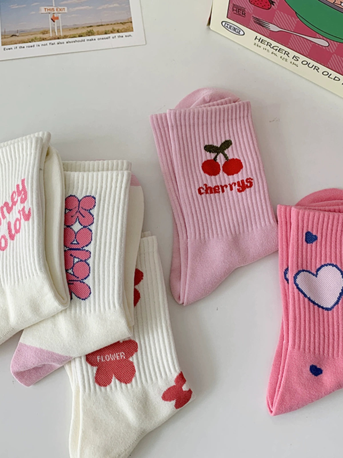 [5 Pairs] Fashion Sports Style Cherry Flower Spring Summer Mid-Calf Length Socks