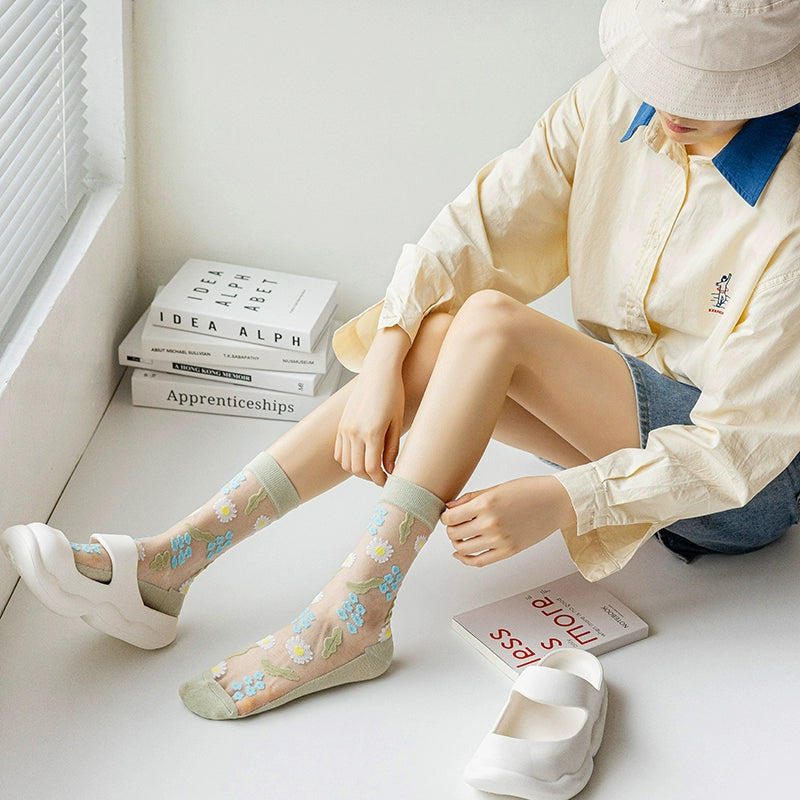 [4 Pairs] Summer Thin Kanekalon Tube Socks Flowers Bloom with Vitality