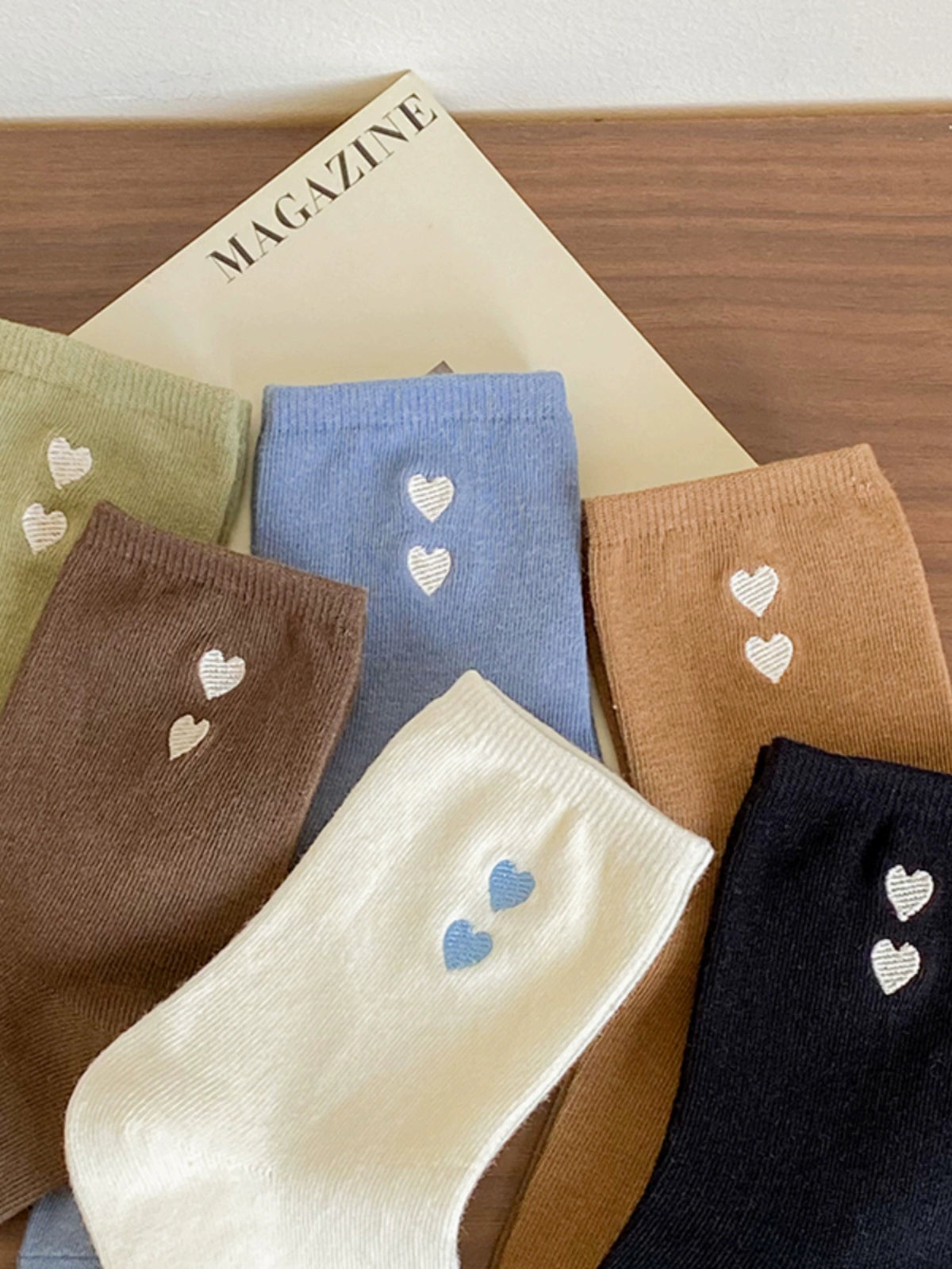 [6 Pairs] Embroidered Double Love Heart Simplicity Wear Spring Summer College Style Cute Goddess Socks