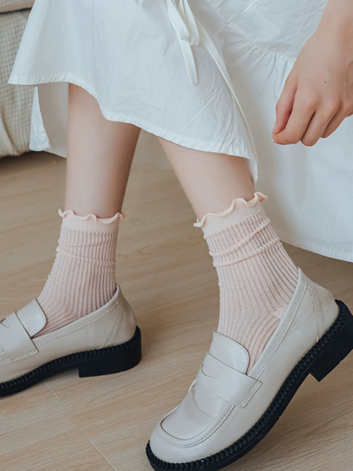 [5 Pairs] Thin Wooden Ear Macaron Color Series Pure Cotton Breathable Thin