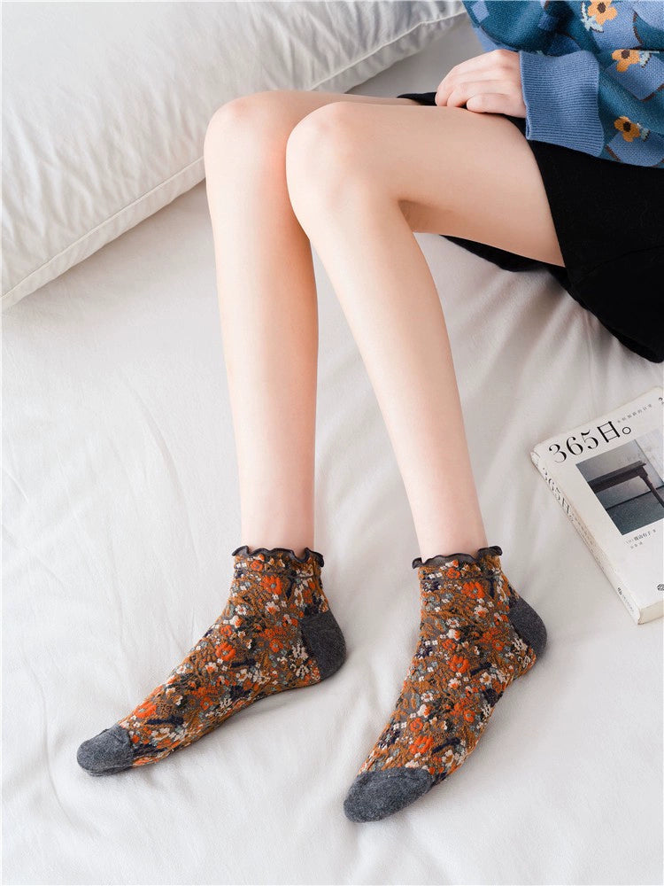 [5 Pairs] Short Lace Totem Ethnic Style Mori Style Spring and Summer Women's Pure All-Match Leather Shoes with Skirt