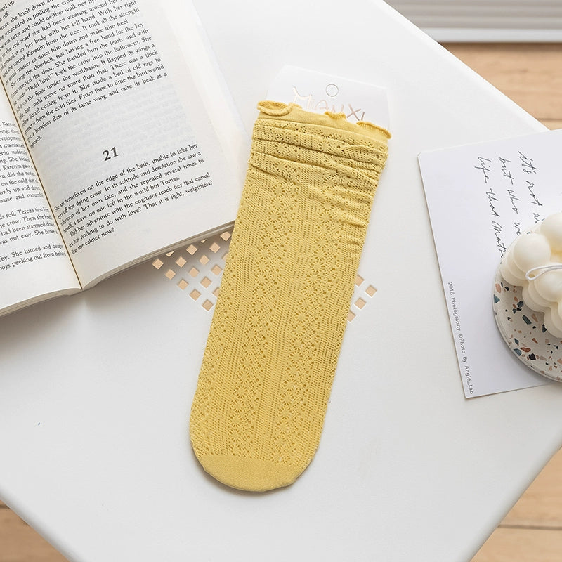 [5 Pairs] Summer Mesh Breathable Ruffled Pure Straight Socks Match Well